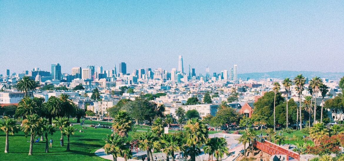 people enjoy a summer day in San Francisco sitting on a green lawn overlooking the city