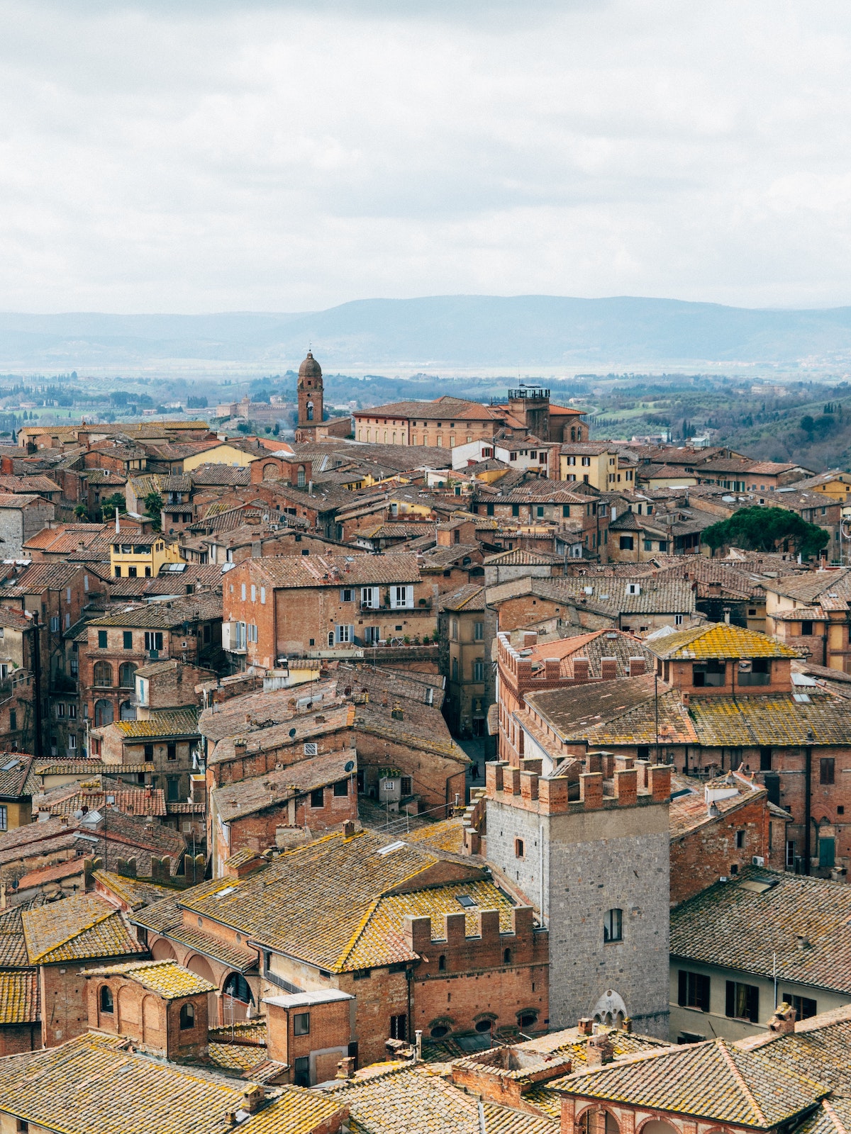 Overhead shot of a medieval town in Tuscany, Italy