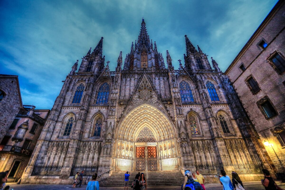 The cathedral in the Gothic Quarter in Barcelona at night. 