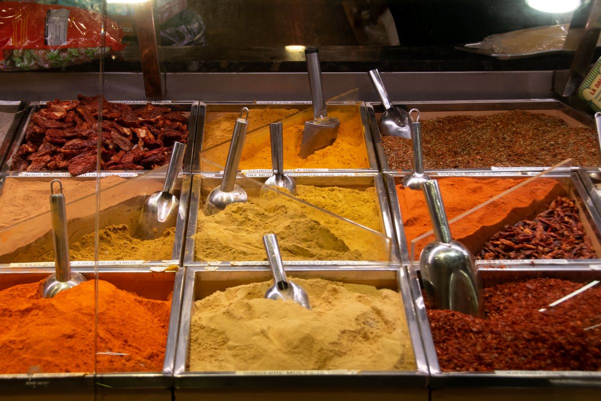 bins with colorful spices