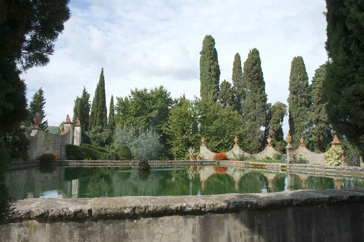 Trees and bushes surrounding a small pond enclosed by stone